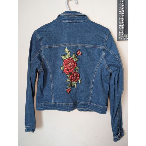 New Look Blue Jean Jacket with Red Rose Embroidery L, women's - Picture 7 of 7